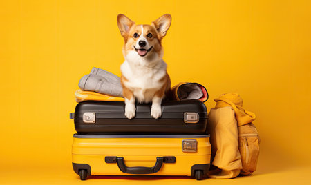 Corgi dog sitting atop suitcases against a vibrant yellow background. Adventurous dog ready for travel. Created with generative AI toolsの素材