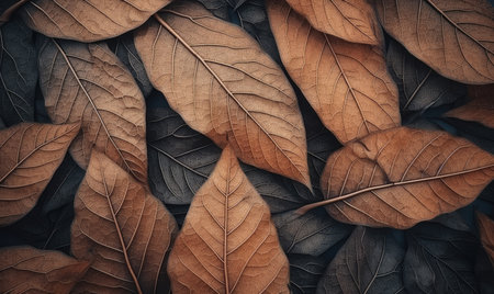 Close-up autumn dry leaf textured wallpaper. Creative forest leaf banner. For postcard, book illustration, card. Created with generative AI toolsの素材
