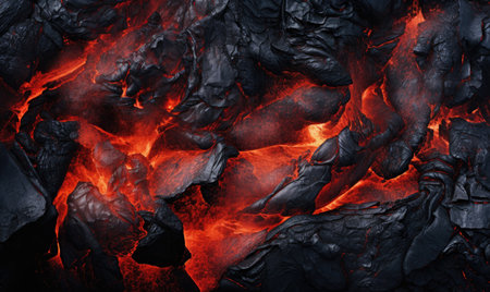 Close-up of cooled lava textures from a volcano. Rugged volcanic landscape. Created with generative AI toolsの素材