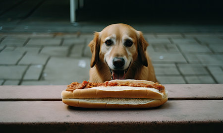 Whimsical scene: Dog about to indulge in a hot dog treat. Created with generative AI toolsの素材