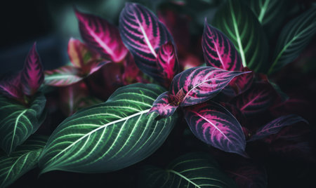 Tropical leaves in neon pink light wallpaper. Exotic foliage background. natural textured. For postcard, book illustration, card. Created with generative AI toolsの素材