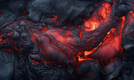Close-up of cooled lava textures from a volcano. Rugged volcanic landscape. Created with generative AI toolsの素材