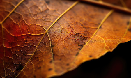 Close-up autumn dry leaf textured wallpaper. Creative forest leaf banner. For postcard, book illustration, card. Created with generative AI toolsの素材