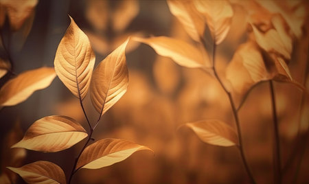 Autumn forest leaves textured wallpaper. Creative abstract surface banner. For postcard, book illustration, card. Created with generative AI toolsの素材