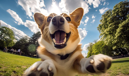 Close-up joyful corgi capturing a selfie in a vibrant park setting. Energetic dog with a wide smile enjoying the outdoors. Created with generative AI toolsの素材