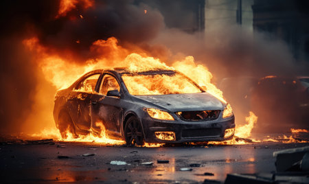 Burning car emitting thick smoke on a street. Fiery disaster - vehicle engulfed in flames. Created with generative AI toolsの素材