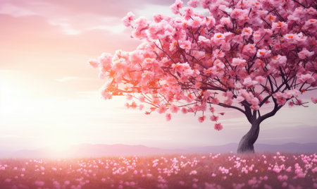 Solitary pink sakura tree in vast field against golden sunset. Created with generative AI toolsの素材