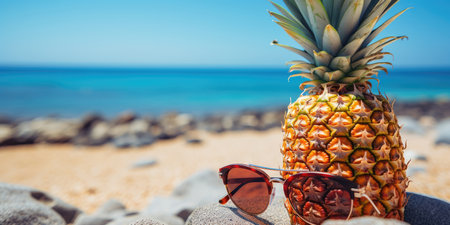 Background of pineapple with sunglass. Beach holidays on island. Created with generative AI toolsの素材