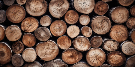 Wooden natural sawn logs as background. Top view. Wood texture. For banner, postcard, book illustration. Created with generative AI toolsの素材