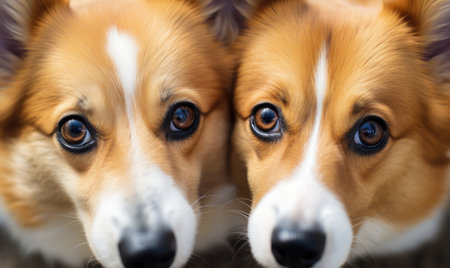 Two Corgis lying side by side, showcasing their bond and playful nature. Created with generative AI toolsの素材