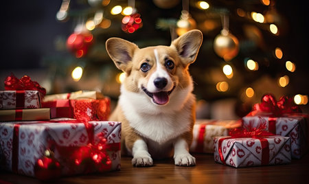 Playful Corgi sits by a dazzling Christmas tree, surrounded by lights and ornaments, embodying warmth festive and joy. Created with generative AI toolsの素材