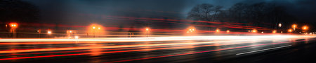 Vibrant night cityscape illuminated. Twinkling city lights and speeding car streaks create a mesmerizing night scene, full of energy. Created with generative AI toolsの素材