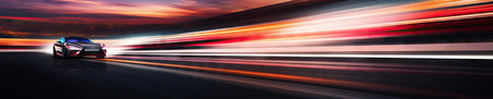 Under the night sky, a sleek sports car speeds along a racetrack, symbolizing thrill and adventure. Created with generative AI toolsの素材