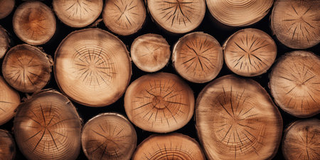 Wooden natural sawn logs as background. Top view. Wood texture. For banner, postcard, book illustration. Created with generative AI toolsの素材