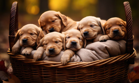 A litter of golden retriever puppies sleep peacefully, nestled in a basket, radiating warmth and affection. Created with generative AI toolsの素材
