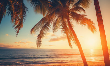 Majestic palm trees sway in the warm breeze, under the breathtaking hues of a California sunset, showing natural beauty. Created with generative AI toolsの素材