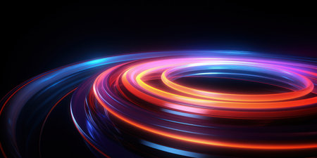 Neon futuristic flashes circles stripes on black background. A vibrant ring of vivid colors radiates mesmerizing glow against a dark background, creating intrigue. AI generative.の素材
