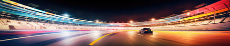 Under the night sky, a sleek sports car speeds along a racetrack, symbolizing thrill and adventure. AI generative.の素材