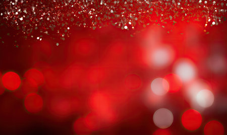 Diverse confetti and blurred light circles dance on a vibrant red background, setting a festive mood. AI generative.の素材