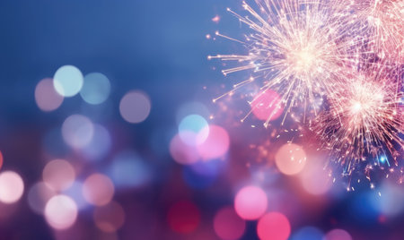 A mesmerizing blend of blue and pink hues, fireworks burst with brilliance against the night sky, captivating with their luminous glow. AI generative.の素材