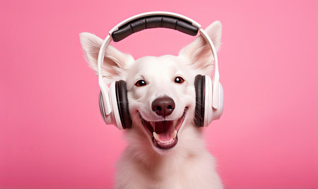 Joyful canine enjoys music with headphones, radiating energy and curiosity against a lively pink backdrop. AI generative.の素材