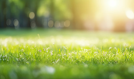 Fresh lush green grass on meadow with drops of water dew. Close-up macro. For banner, postcard, book illustration, card. AI generative.の素材