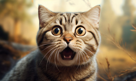 Shocked cat with wide-open mouth, capturing a moment of pure astonishment. AI generative.の素材