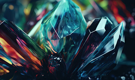 Mesmerizing crystal formations glow, reflecting light, amidst a harmonious color symphony. AI generative.の素材