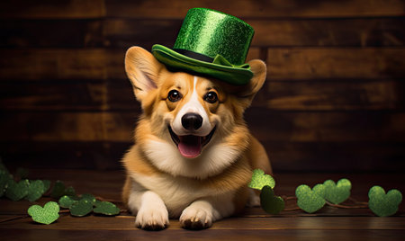 Charming corgi celebrating St. Patrick's Day with a top hat and shamrock, embodying festive joy and Irish heritage. AI generative.の素材