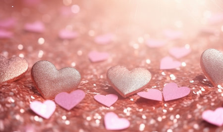 Celebratory confetti in harmonious pink and gold scatters across the frame, bringing whimsy and festivity to the lively backdrop. AI generative.の素材