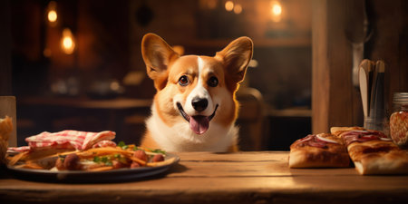 Charming corgi dog joyfully enjoys a delightful meal at a cozy wooden table, savoring each bite with enthusiasm. AI generative.の素材