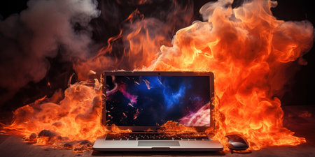 Computer catastrophe depicted by a laptop fiercely burning and smoking. AI generative.の素材