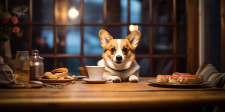 Charming corgi dog joyfully enjoys a delightful meal at a cozy wooden table, savoring each bite with enthusiasm.の素材