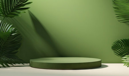 Minimalist scene with a leaf-strewn table and potted plant against a green wall. AI generativeの素材