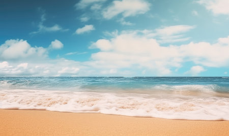 Serene beach landscape with glistening sand, gentle ocean waves, and a vast sunlit blue sky. AI generativeの素材