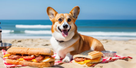 Corgi enjoys a serene beach day, basking in the sun with a delightful view. AI generative.の素材