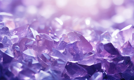 Captivating amethyst crystals elegantly set on a soft purple bokeh scene.の素材
