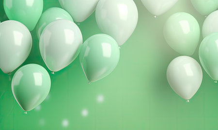 Celebratory white and green balloons float against a vivid green backdrop, embodying a spirit of joy and festivity.の素材