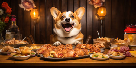Content corgi dog beside a tempting plate of cheeseburgers with interest.の素材