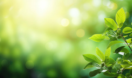 Lush green leaves in focus, providing a fresh, natural aesthetic against a dreamy, blurred background. AI generative.の素材