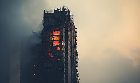 Towering building engulfed in a fierce blaze, with intense flames and smoke billowing. AI generative.の素材