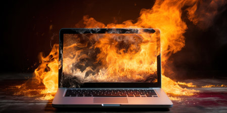 Computer catastrophe depicted by a laptop fiercely burning and smoking. AI generative.の素材