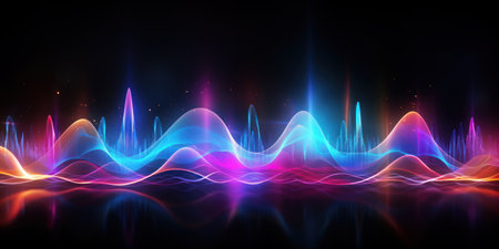 Ethereal glow emanates from a vivid, colorful wave, spreading its chromatic brilliance. AI generative.の素材