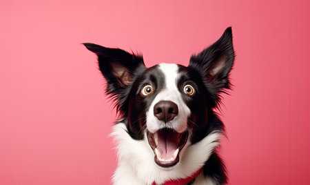 Vibrant portrait of a lively dog with a serene pink backdrop. AI generative.の素材