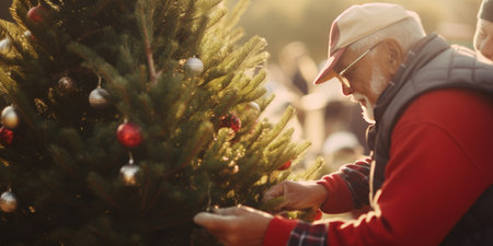 Elderly man selecting a perfect Christmas tree, preparing for the festive season. AI generative.の素材
