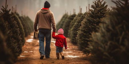 Heartwarming scene of father and son holding hands at a Christmas tree farm as they select a Christmas tree. AI generative.の素材