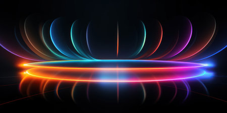A luminous neon circle dominates the dark scene, its undulating lights creating a dynamic and captivating visual effect. AI generative.の素材