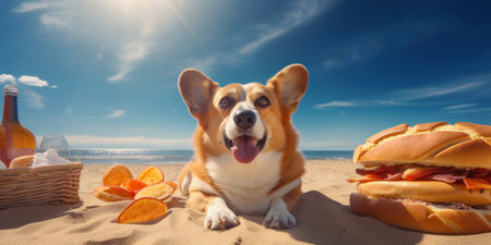 Corgi enjoys a serene beach day, basking in the sun with a delightful view. AI generative.の素材