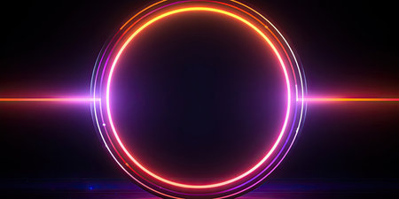 A luminous neon circle dominates the dark scene, its undulating lights creating a dynamic and captivating visual effect. AI generative.の素材