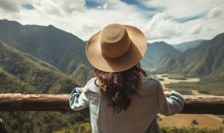 Female explorer with hat admiring breathtaking mountain landscape. AI generative.の素材